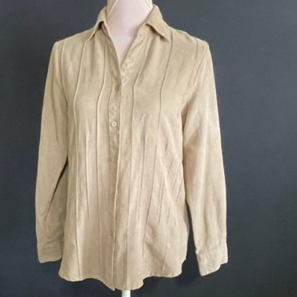 Notations Button Down Shirt Women Small Tan Good Pintuck Faux Suede MSDB0101